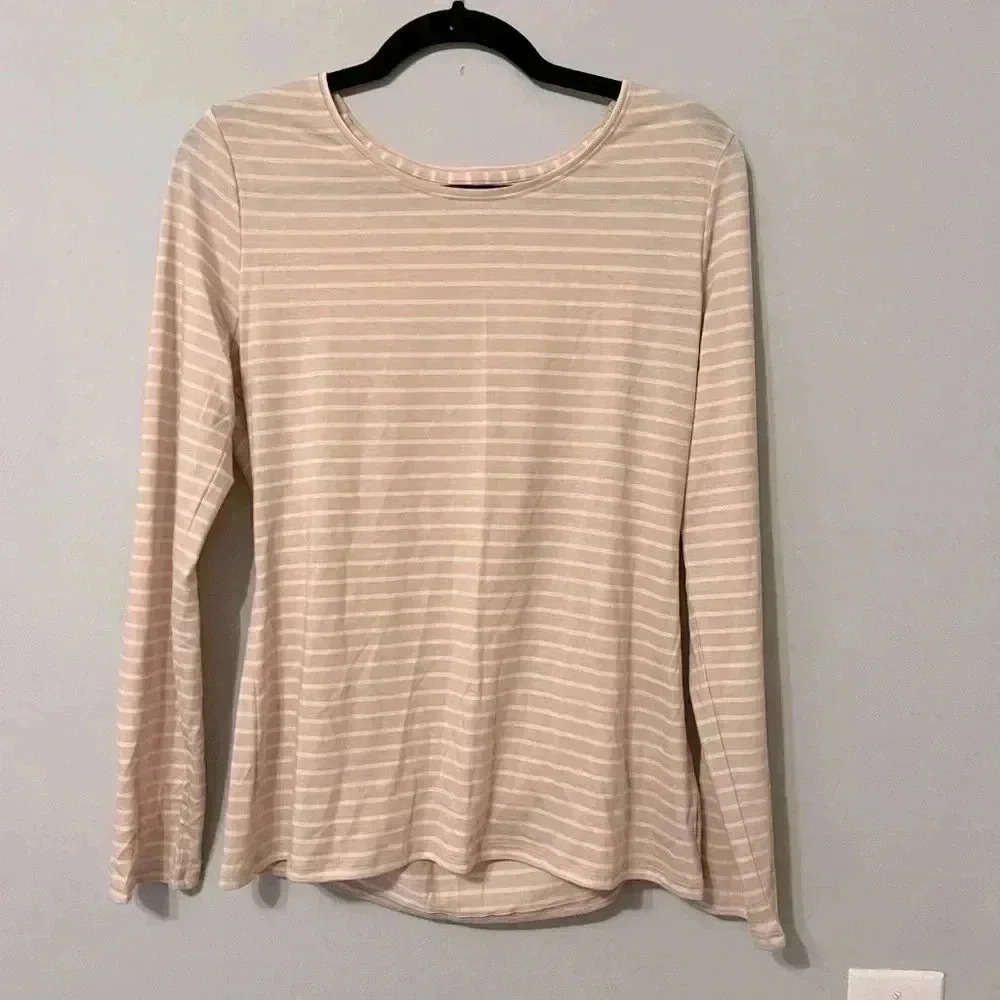 Garnet Hill Long Sleeve Beige/Tan and White Striped Shirt Size Medium